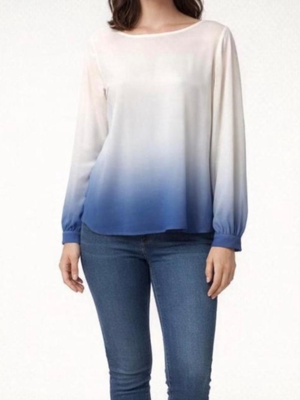 Women's Y2K Ombre Long-Sleeve Blouse - White to Blue Size Small